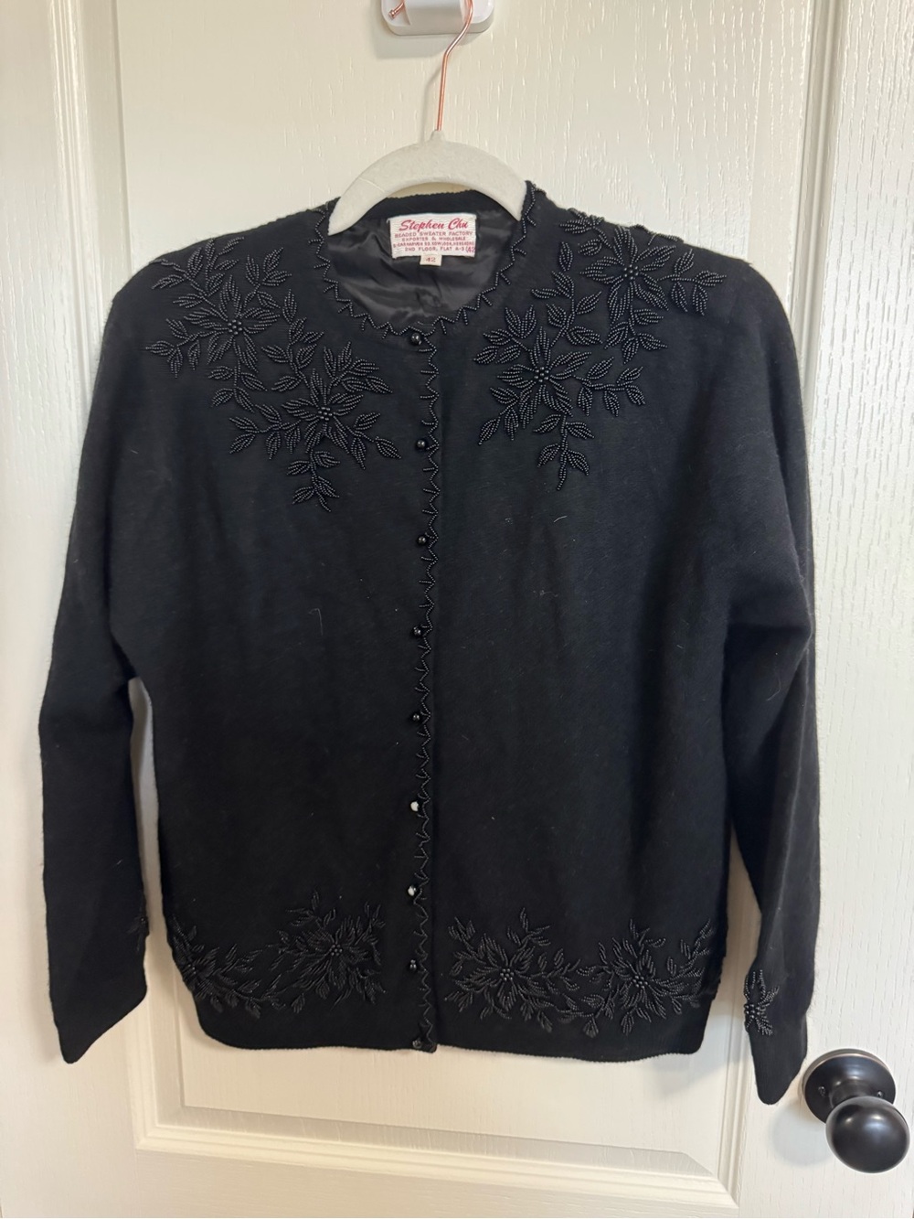 Vintage Stephen Chu Black Beaded Knit Cardigan Sweater Lined Size 42